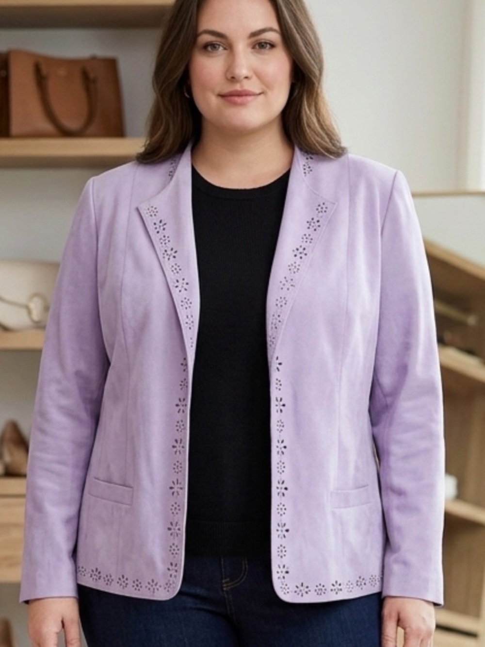 Alfred Dunner Lavender Suede Open-Front Blazer with Laser-Cut Trim